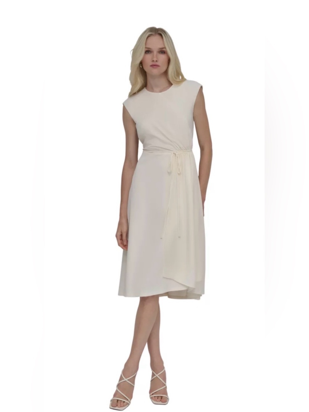 Calvin Klein Cap Sleeve A Line  Dress Off White Boat Neck Knee Length Size 2.